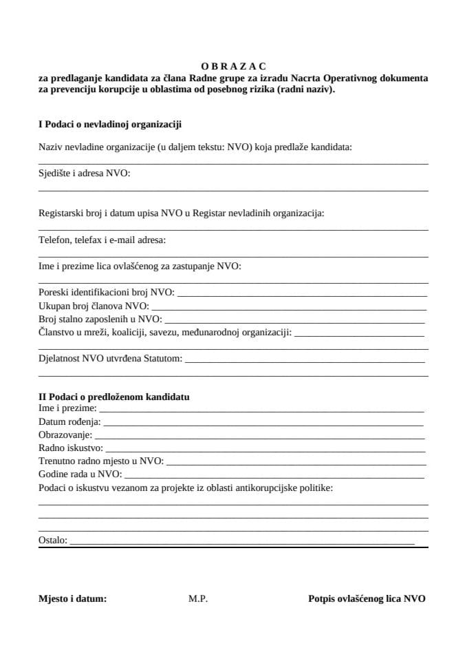 Obrazac  za predlaganje kandidata za člana Radne grupe za izradu Nacrta Operativnog dokumenta za prevenciju korupcije u oblastima od posebnog rizika 