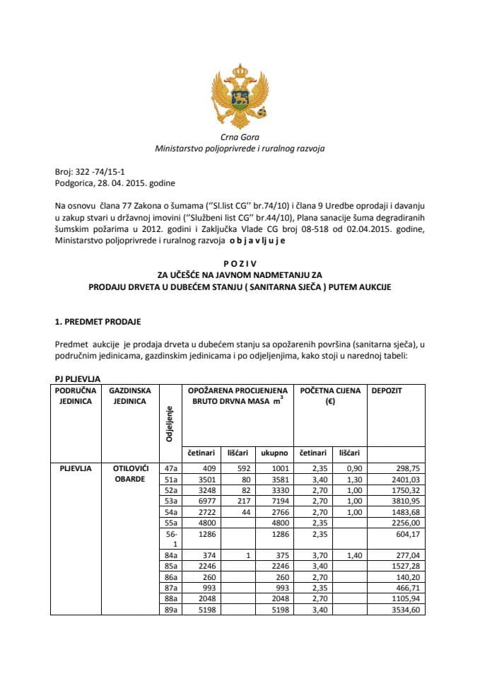 Poziv za učešće na javnom nadmetanju za prodaju drveta u dubećem stanju ( sanitarna sječa ) putem aukcije