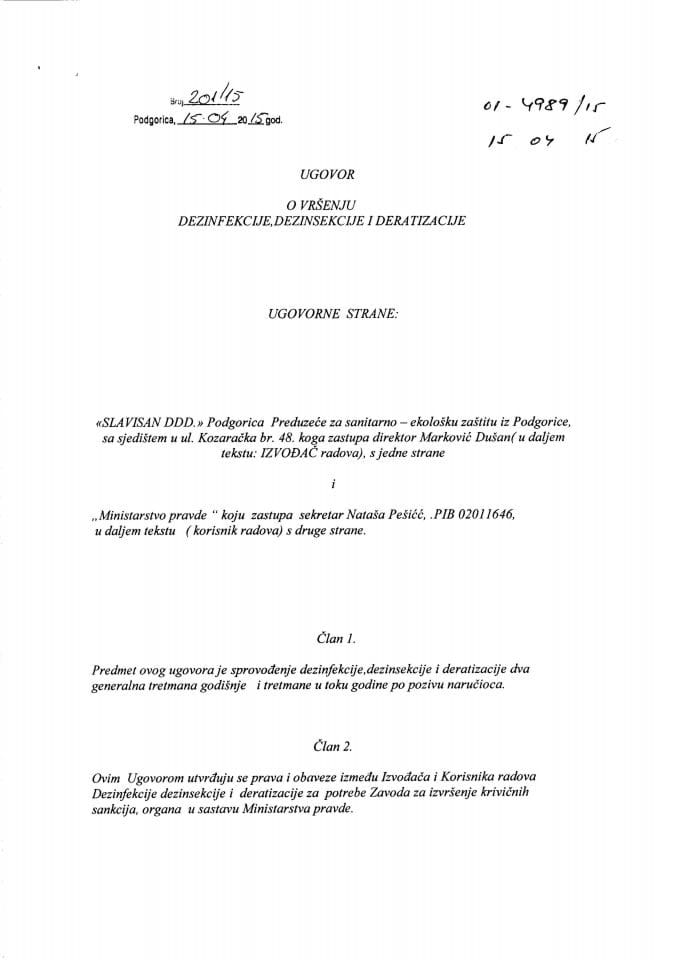 Ugovor o  vršenju usluga-dezinfekcija, dezinsekcija i deratizacija br. 01-4989/15