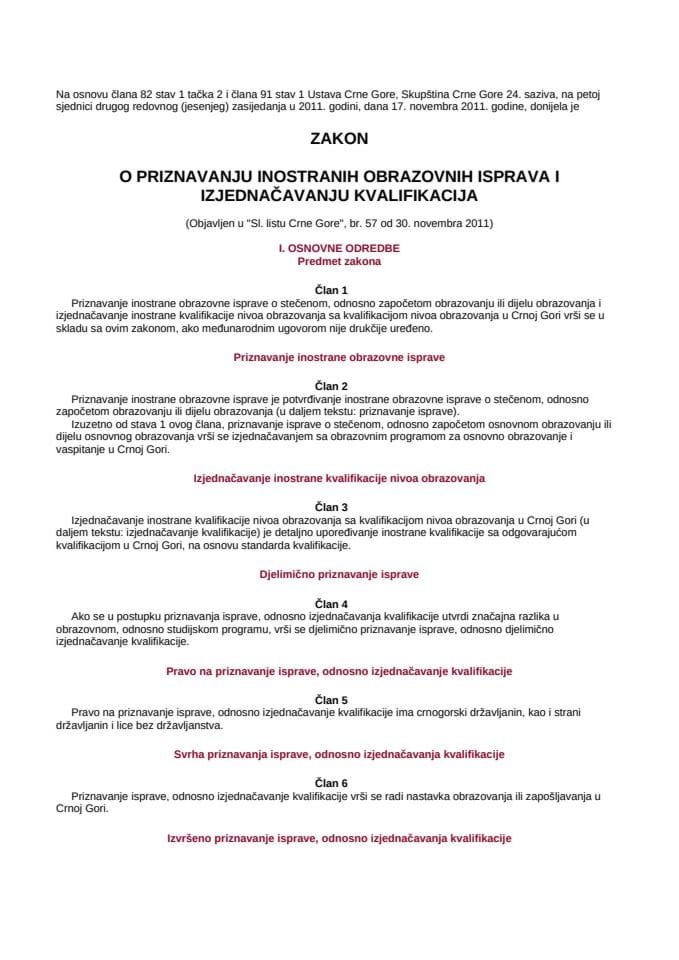 Zakon o priznavanju inostranih obrazovnih isprava i izjednačavanju kvalifikacija