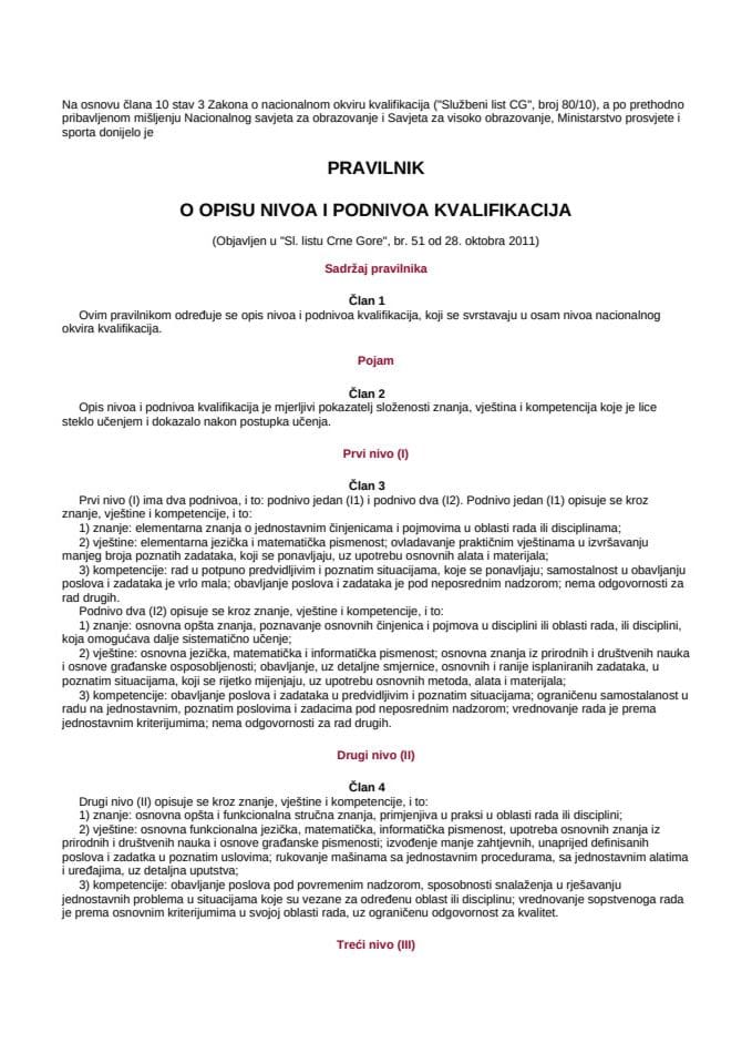Pravilnik o opisu nivoa i podnivoa kvalifikacija