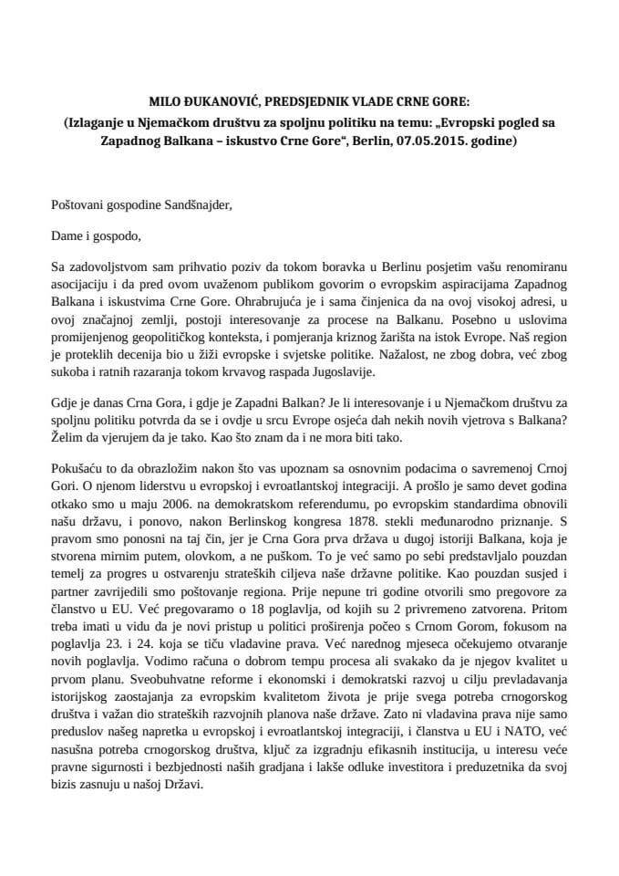 Izlaganje predsjednika Vlade Mila Đukanovića u Njemačkom društvu za spoljnu politiku na temu „Evropski pogled sa Zapadnog Balkana - iskustvo Crne Gore” 