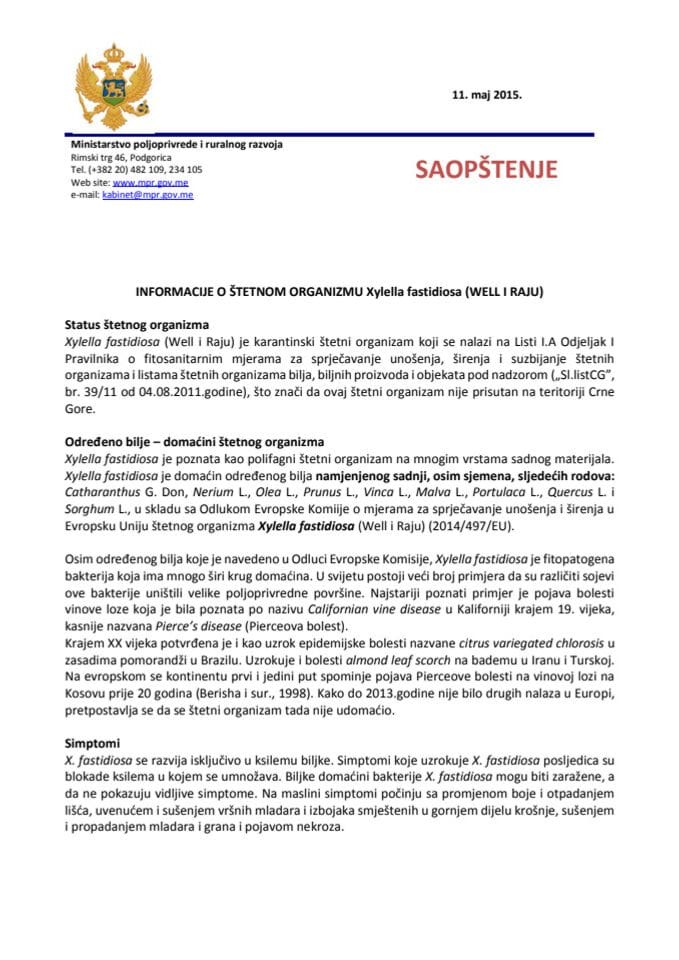Informacije o štetnom organizmu xylella fastidiosa (well i raju)