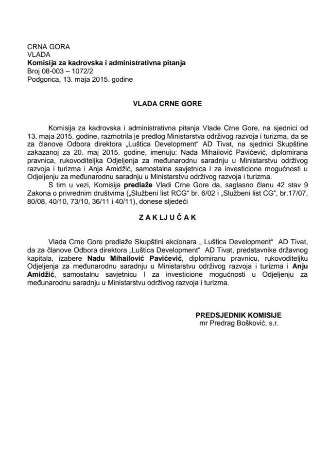 Predlog zaključka o izboru članova Odbora direktora "Luštica Development" AD Tivat 