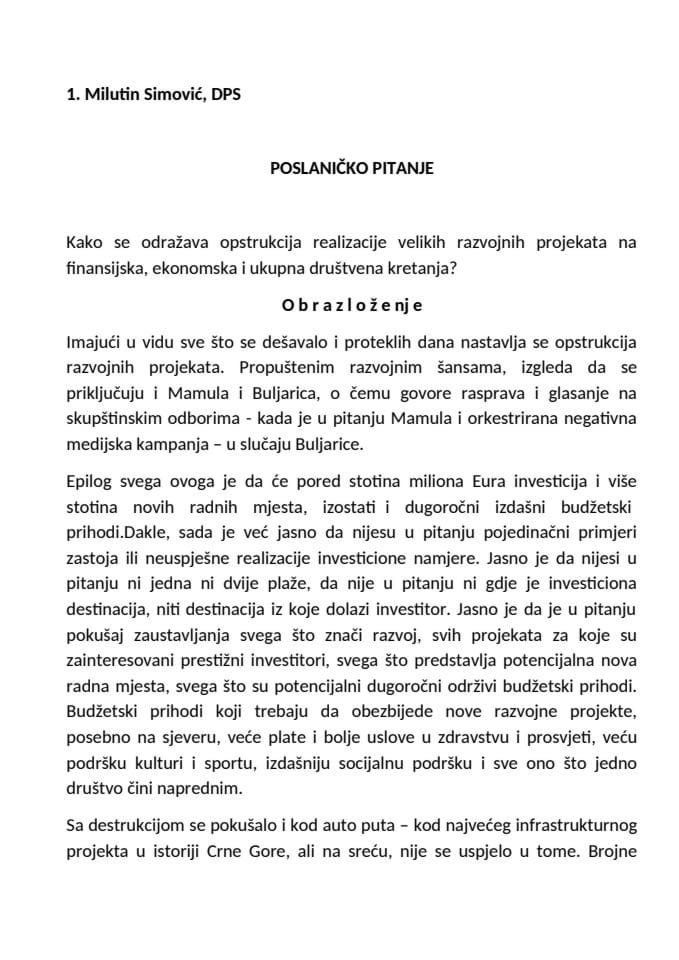 Transkript odgovora predsjednika Vlade Mila Đukanovića na poslanička pitanja u okviru premijerskog sata
