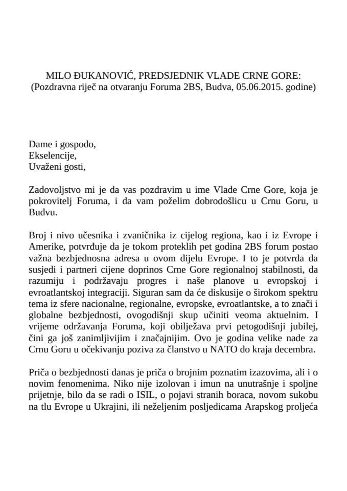 Govor premijera Đukanovića  na otvaranju 2BS Foruma u Budvi