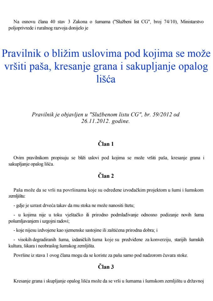 Pravilnik o bližim uslovima pod kojima se može vršiti paša, kresanje grana i sakupljanje opalog lišća