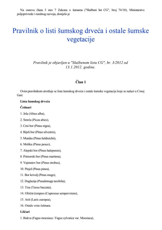 Pravilnik o listi šumskog drveća i ostale šumske