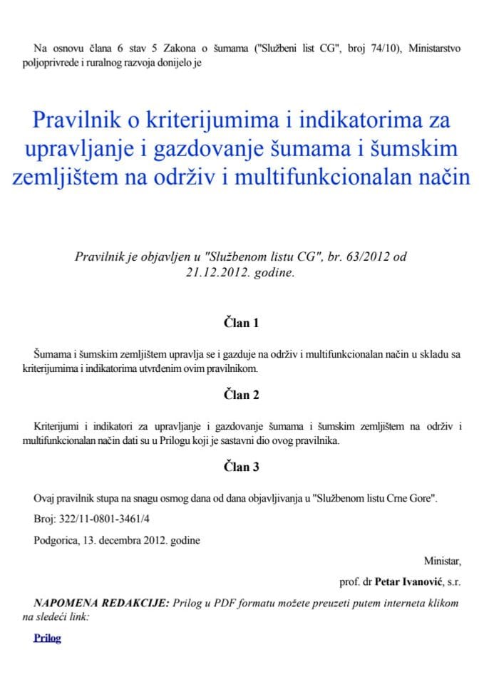Pravilnik o kriterijumima i indikatorima za upravljanje i gazdovanje šumama i šumskim zemljištem na održiv i multifunkcionalan način