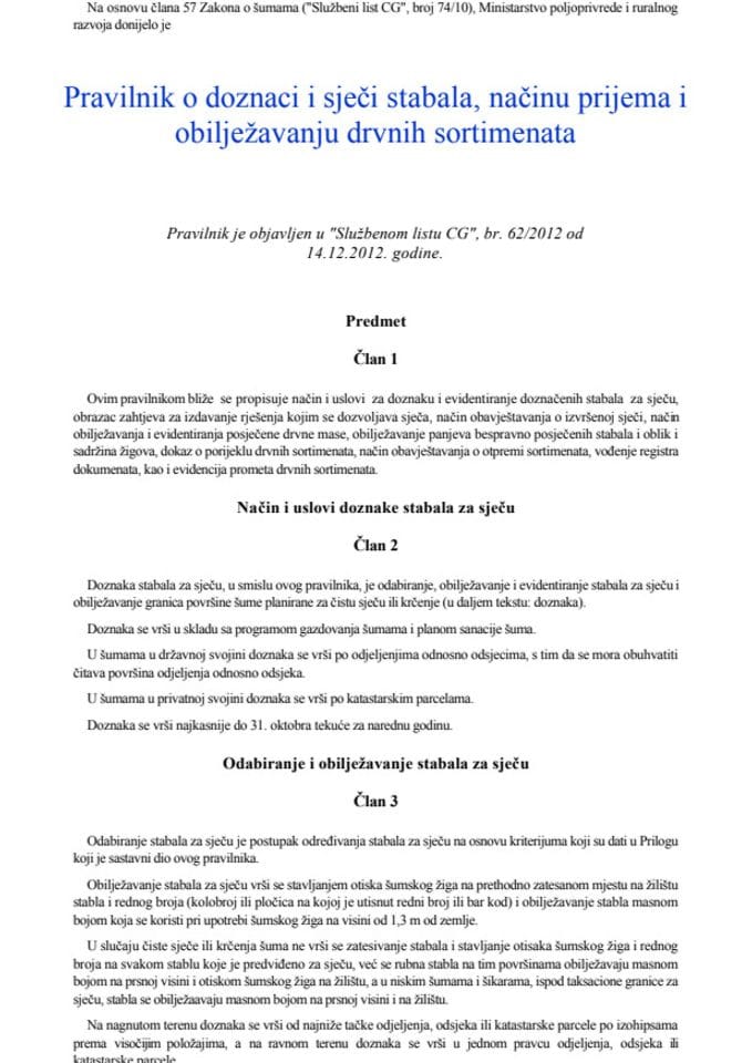 Pravilnik o doznaci i sječi stabala, načinu prijema i obilježavanju drvnih sortimenata