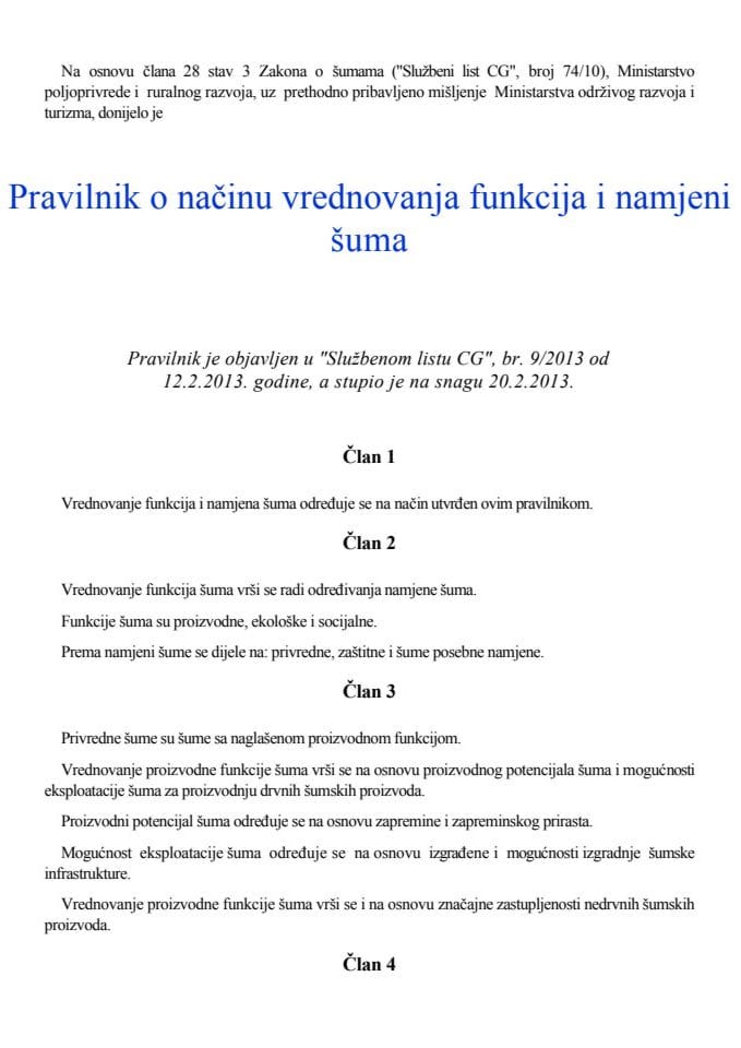 Pravilnik o načinu vrednovanja funkcija i namjeni šuma