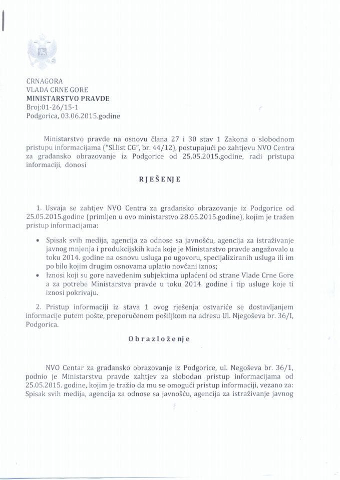 Slobodan pristup informacijama-Rješenje br.01-26-15/1