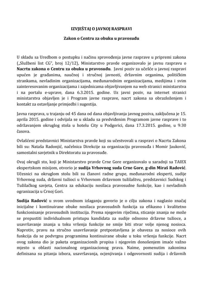 Izvještaj o javnoj raspravi za Nacrt Zakona o Centru za obuku u pravosuđu