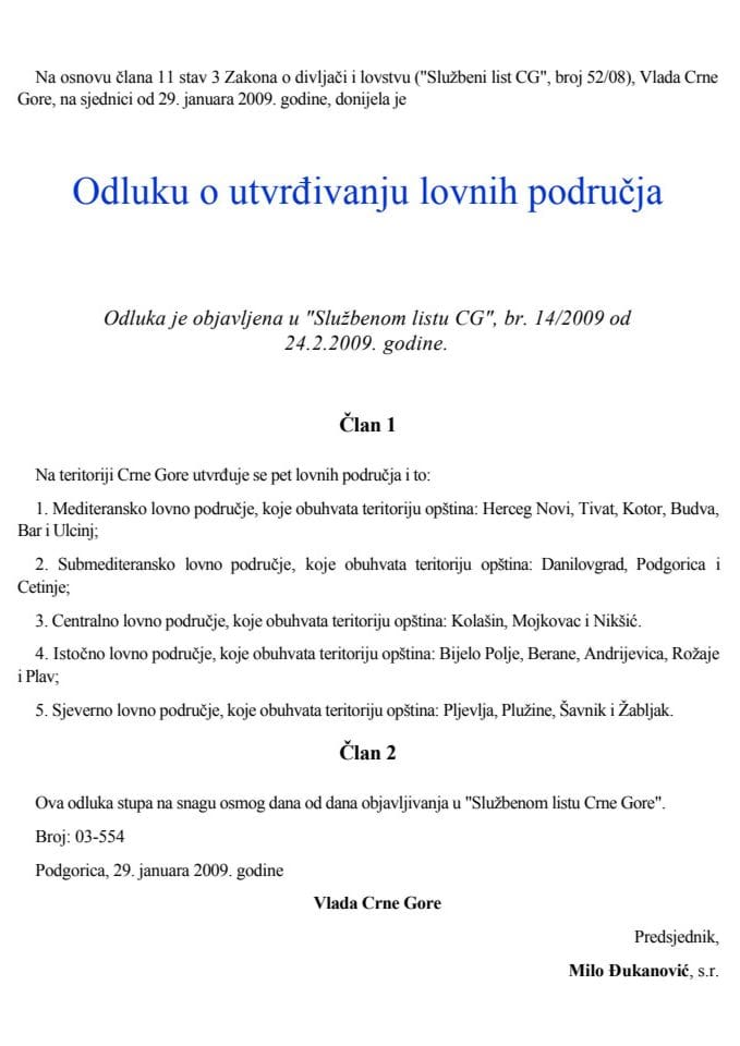 Odluka o utvrđivanju lovnih područja