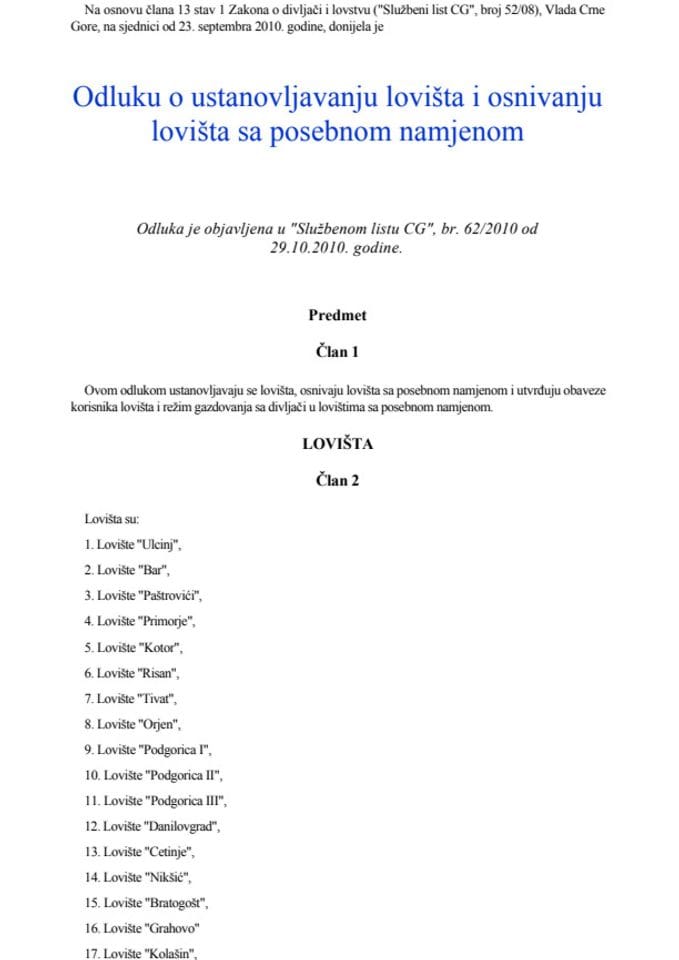 Odluka o ustanovljavanju lovišta i osnivanju lovišta sa posebnom namjenom