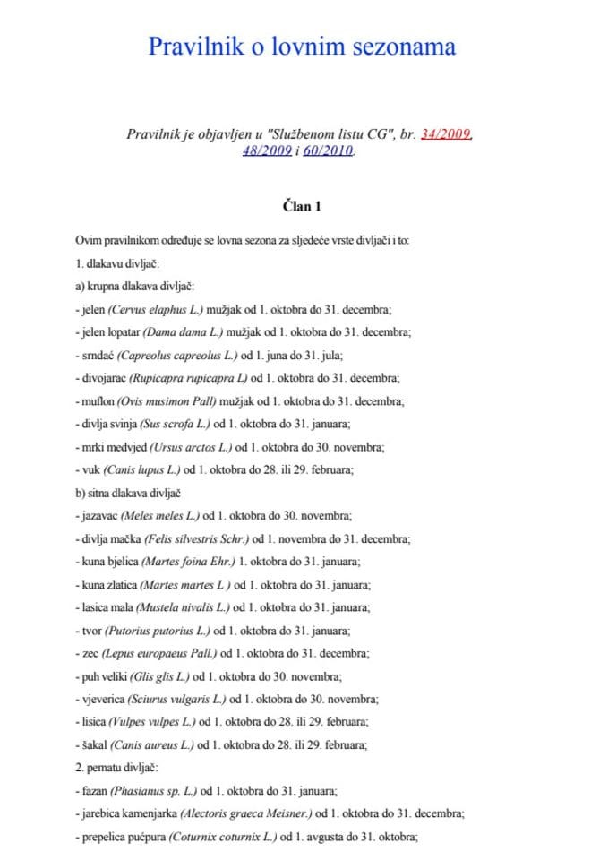Pravilnik o lovnim sezonama
