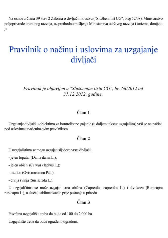 Pravilnik o načinu i uslovima za uzgajanje divljači
