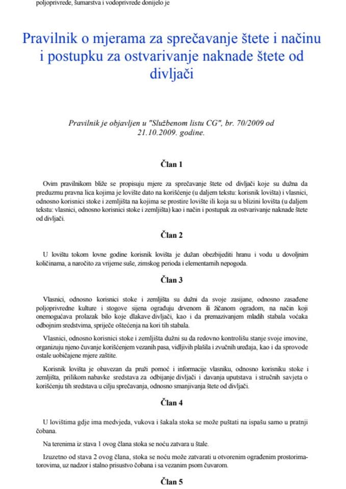 Pravilnik o mjerama za sprečavanje štete i načinu i postupku za ostvarivanje štete od divljači