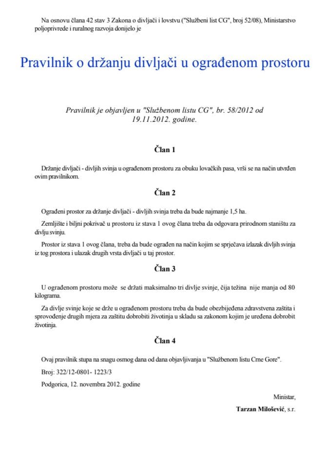 Pravilnik o držanju divljači u ograđenom prostoru