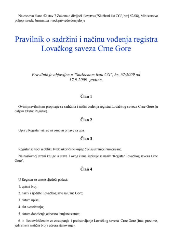 Pravilnik o sadržini i načinu vođenja registra Lovačkog saveza Crne Gore