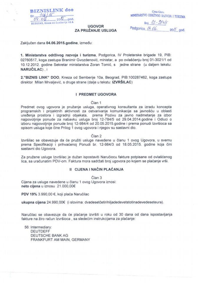 04-06-2015 Ugovor za pružanje usluga operativnog konsultanta za izradu koncepta programskih i projektnih aktivnosti za ostvarivanje komunikacije sa javnošću iz oblasti uređenja prostora i izgradnji ob