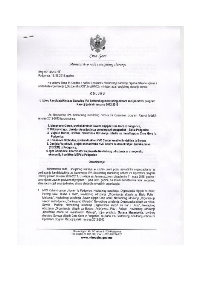 Odluka o izboru kandidata/kinja za člana/icu IPA sektorskog monitoring odbora za Operativni program razvoj ljudskih resursa 2012-2013