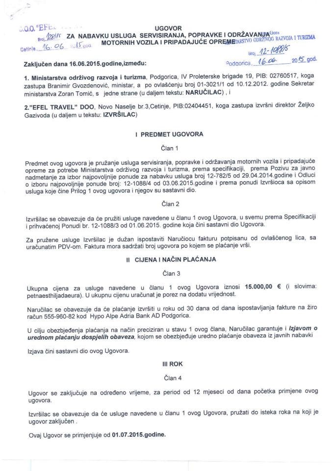 16-06-2015 Ugovor z anabavku usluga servisiranja, popravke i održavanja motornih vozila i pripadajuće opreme