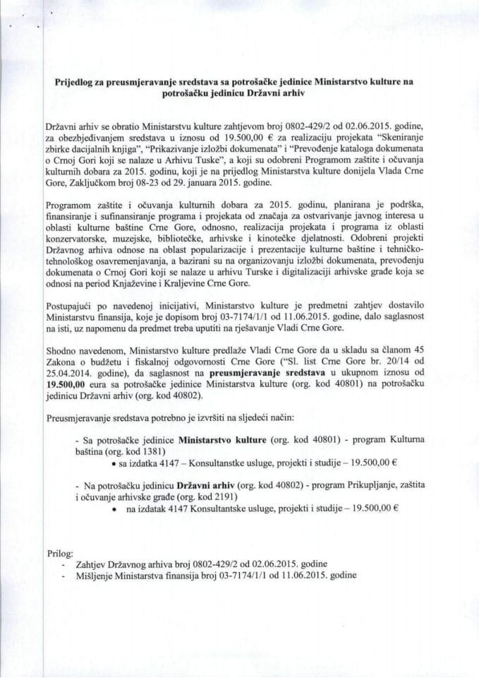 Predlog za preusmjerenje sredstava s potrošačke jedinice Ministarstvo kulture na potrošačku jedinicu Državni arhiv (za verifikaciju)