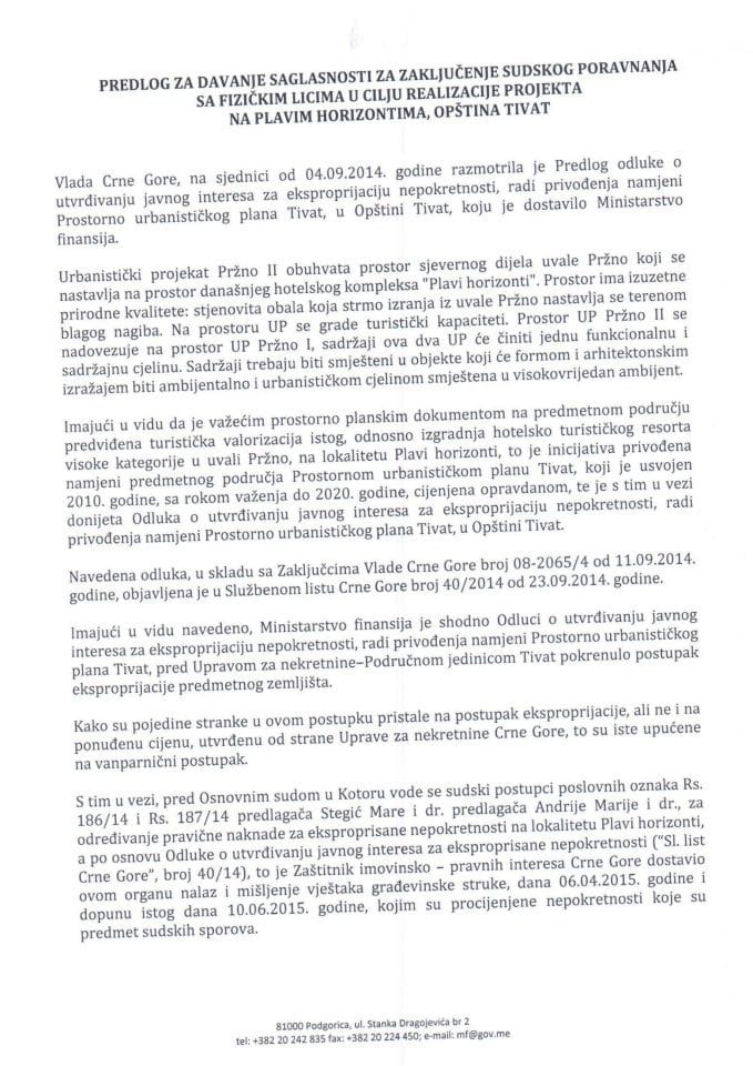 Predlog za davanje saglasnosti za zaključenje sudskog poravnanja sa fizičkim licima u cilju realizacije projekta na Plavim horizontima, Opština Tivat (za verifikaciju)
