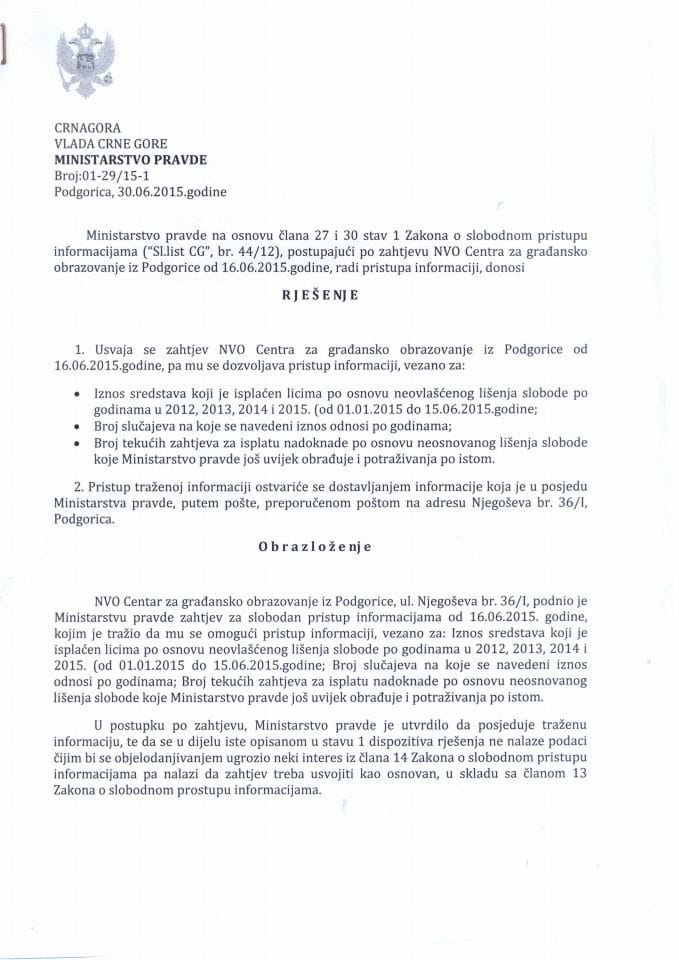  Slobodan pristup informacijama-Rješenje br.01-29/15-1 