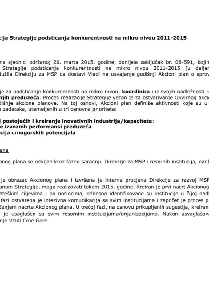 Predlog akcionog plana za sprovođenje Strategije za podsticanje konkurentnosti na mikro nivou 2011-2015, za 2015. godinu