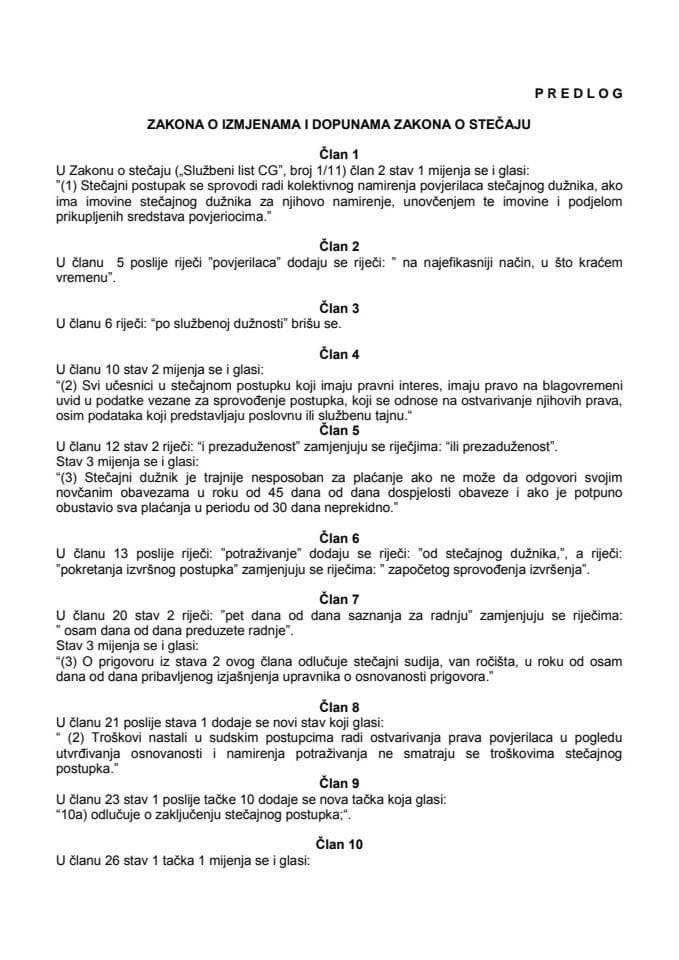 Predlog zakona o izmjenama i dopunama Zakona o stečaju