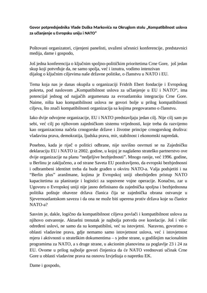 Govor potpredsjednika Vlade Duška Markovića na Okruglom stolu „Kompatibilnost uslova za učlanjenje u Evropsku uniju i NATO“