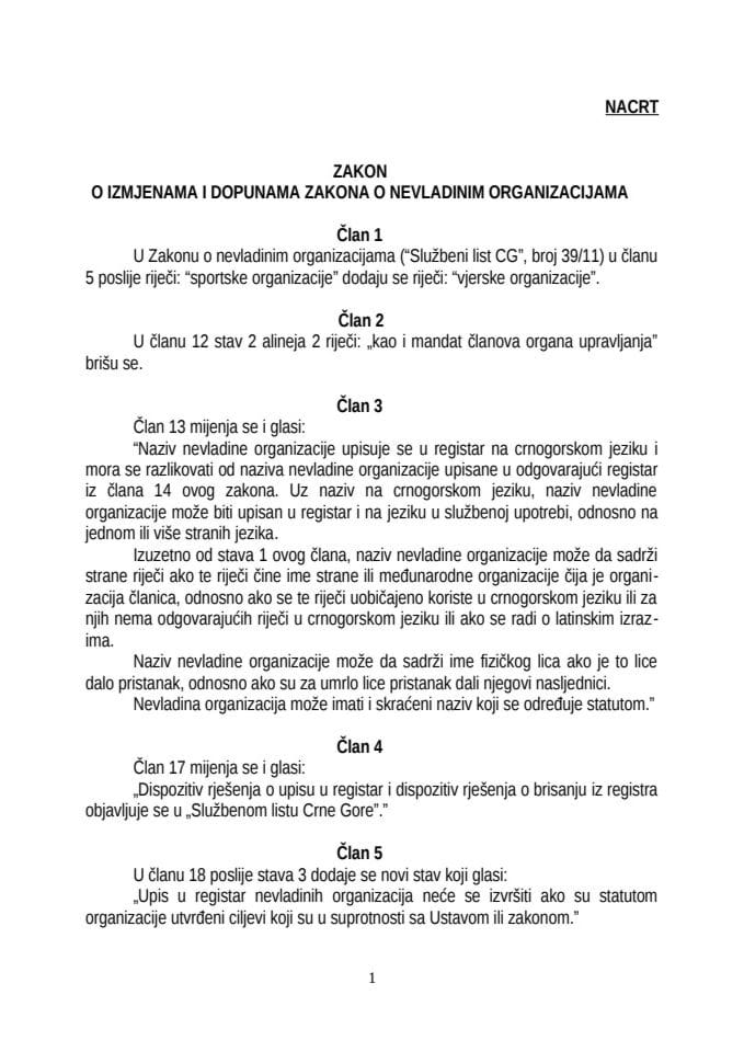 Zakon o izmjenama i dopunama Zakona o NVO sa obrazloženjem