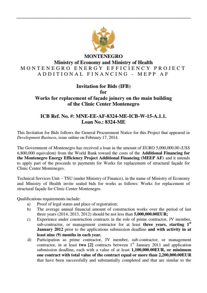 Invitation for Bids (IFB) for Works for replacement of facade joinery on the main building of the Clinic Center Montenegro