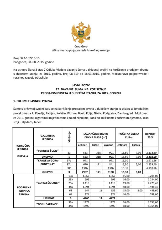 Javni  poziv za  davanje  šuma  na  korišćenje prodajom drveta u dubećem stanju, za 2015. godinu