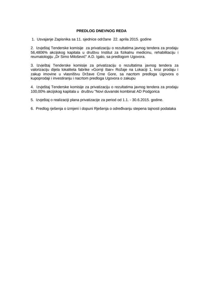 Predlog dnevnog reda Savjet za privatizaciju i kapitalne projekte