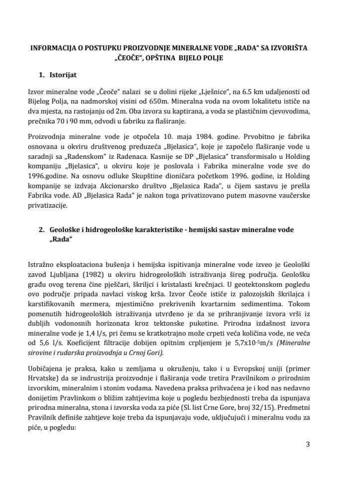 Informacija o postupku proizvodnje mineralne vode "Rada" sa izvorišta "Čeoče", Opština Bijelo Polje (za verifikaciju)