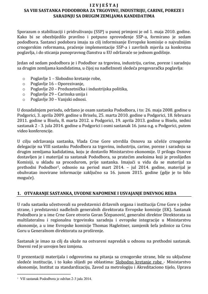 Izvještaj sa VIII sastanka Pododbora za trgovinu, industriju, carine, poreze i saradnju sa drugim zemljama kandidatima