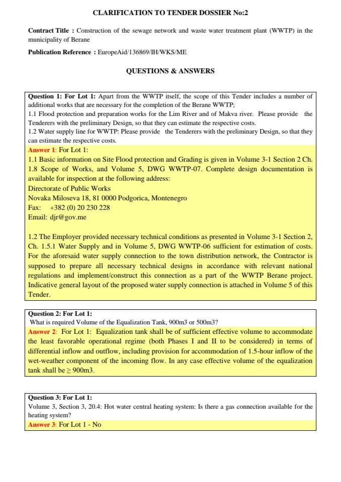 Clarification to Tender Dossier