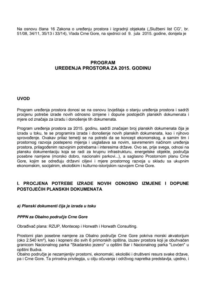 Program uredjenja prostora za 2015.godinu