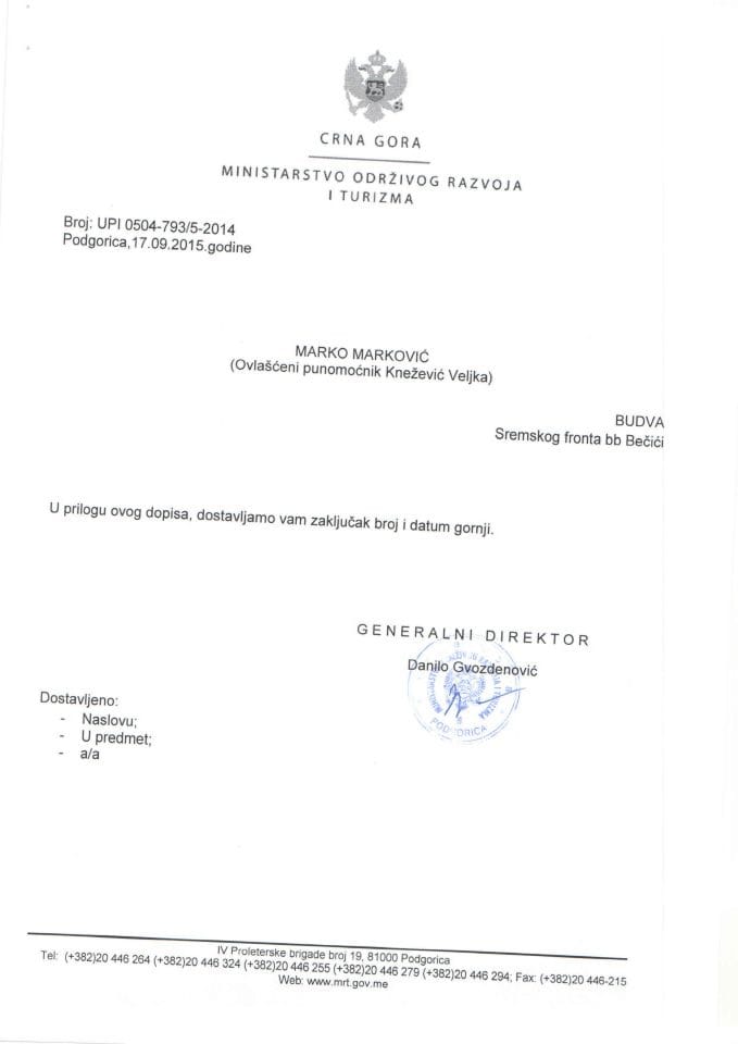 UPI 0504 793 5 2014 Marko Markovic Ovlasceni punomocnik Knezevic Veljka