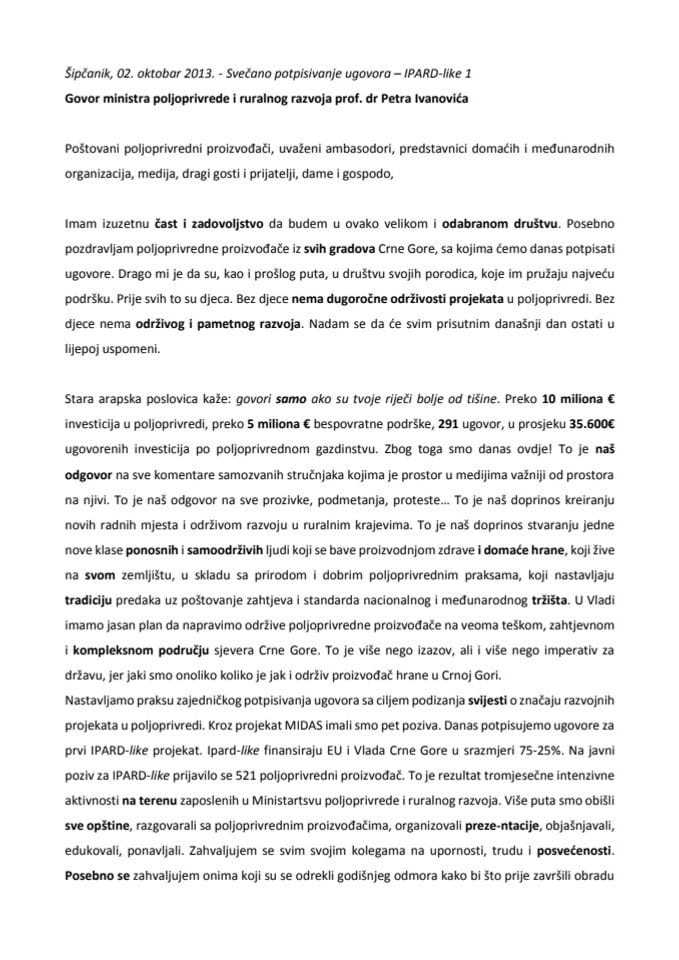 Транскрипт говора министра Ивановица на потписивању ИПАРД лике уговора Сипцаник 02 10 2015