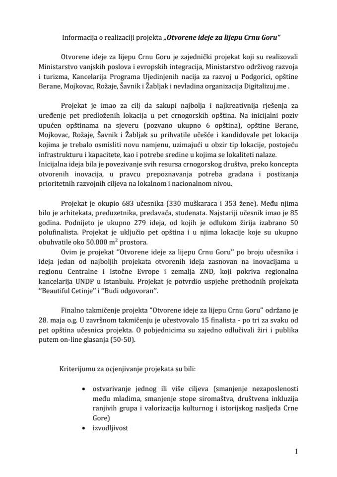 Informacija o realizaciji projekta "Otvorene ideje za lijepu Crnu Goru" (za verifikaciju)