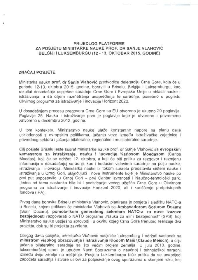 Predlog platforme za posjetu prof. dr Sanje Vlahović, ministarke nauke, Belgiji i Luksemburgu, 12. i 13. oktobra 2015. godine (za verifikaciju)