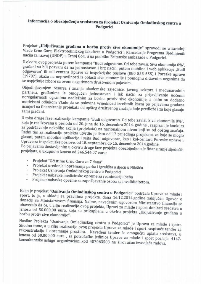 Информација о обезбјеђењу средстава за Пројекат "Оснивање Омладинског центра у Подгорици"