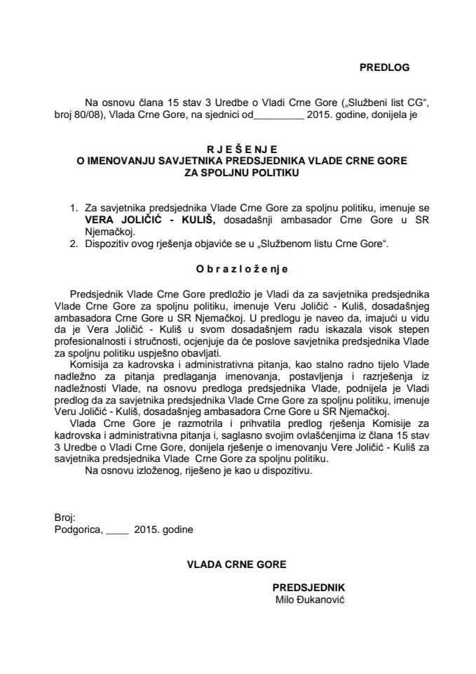 Predlog rješenja o imenovanju savjetnika predsjednika Vlade Crne Gore