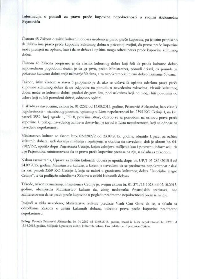Informacija o ponudi za pravo preče kupovine nepokretnosti u svojini Aleksandra Pejanovića, iz Cetinja (za verifikaciju)