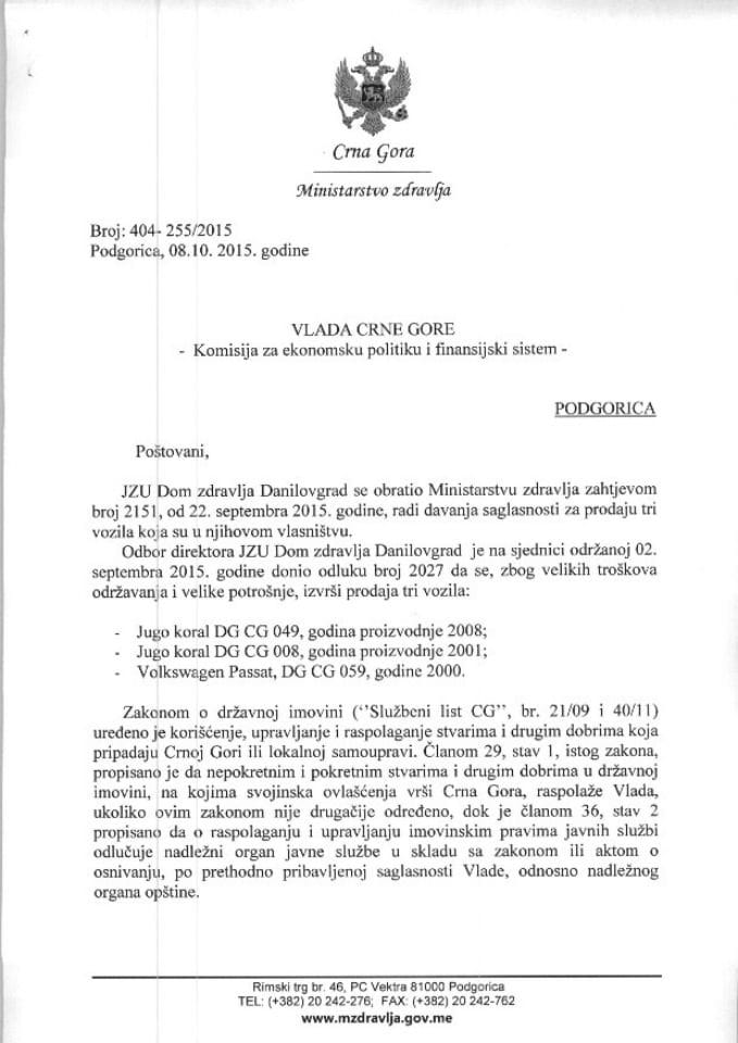 Предлог за давање сагласности на продају три моторна возила ЈЗУ Дом здравља Даниловград (за верификацију)