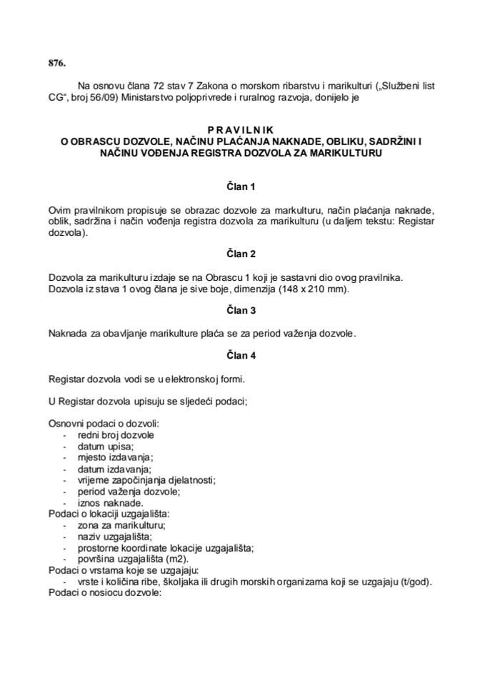 Pravilnik o obrascu dozvole načinu plaćanja naknade obliku sadržini i načinu vođenja registra dozvola za marikulturu